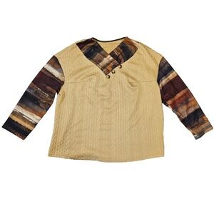 Women's 1X Textured Knit Pullover Top Beige Cable‎ Pattern Multicolor Sleeves